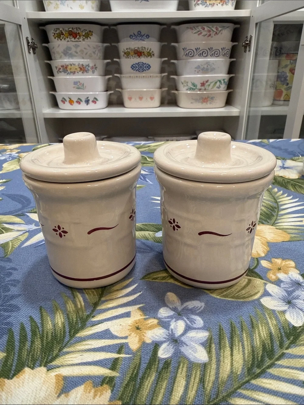 Longaberger Cream Ceramic Canister Pair with Maroon Trim